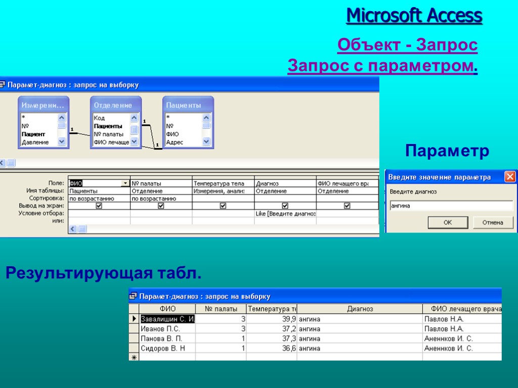 Табл. 1 Microsoft Access Объект - Запрос Запрос с параметром. Результирующая табл. Параметр